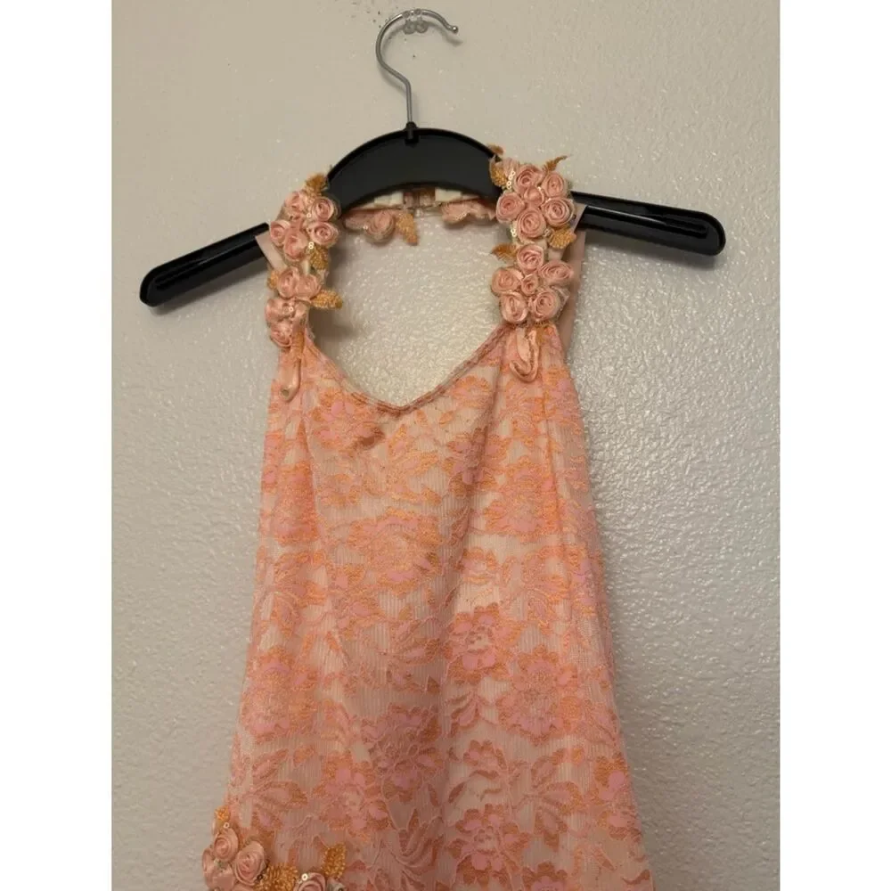 Curtain Call Dance Costume green pink peach pleaded skirt R565 SA-Small adult